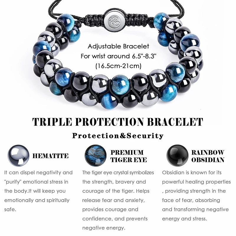 Triple Protection Bracelet 8mm Beads Bracelet Tigers Eye Black